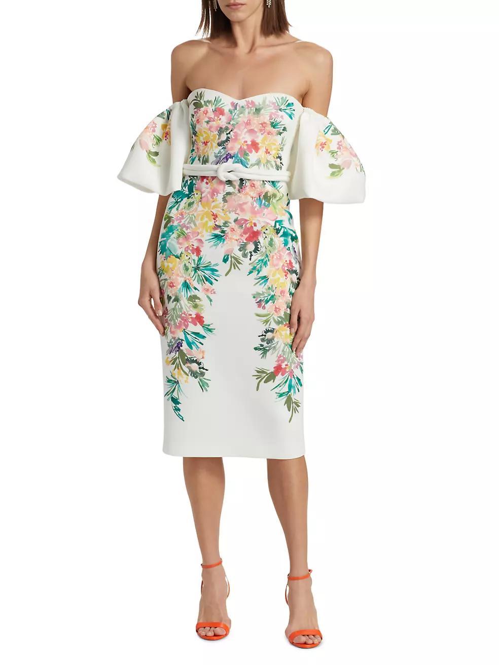 Floral Scuba Off-The-Shoulder Cocktail Dress Product Image