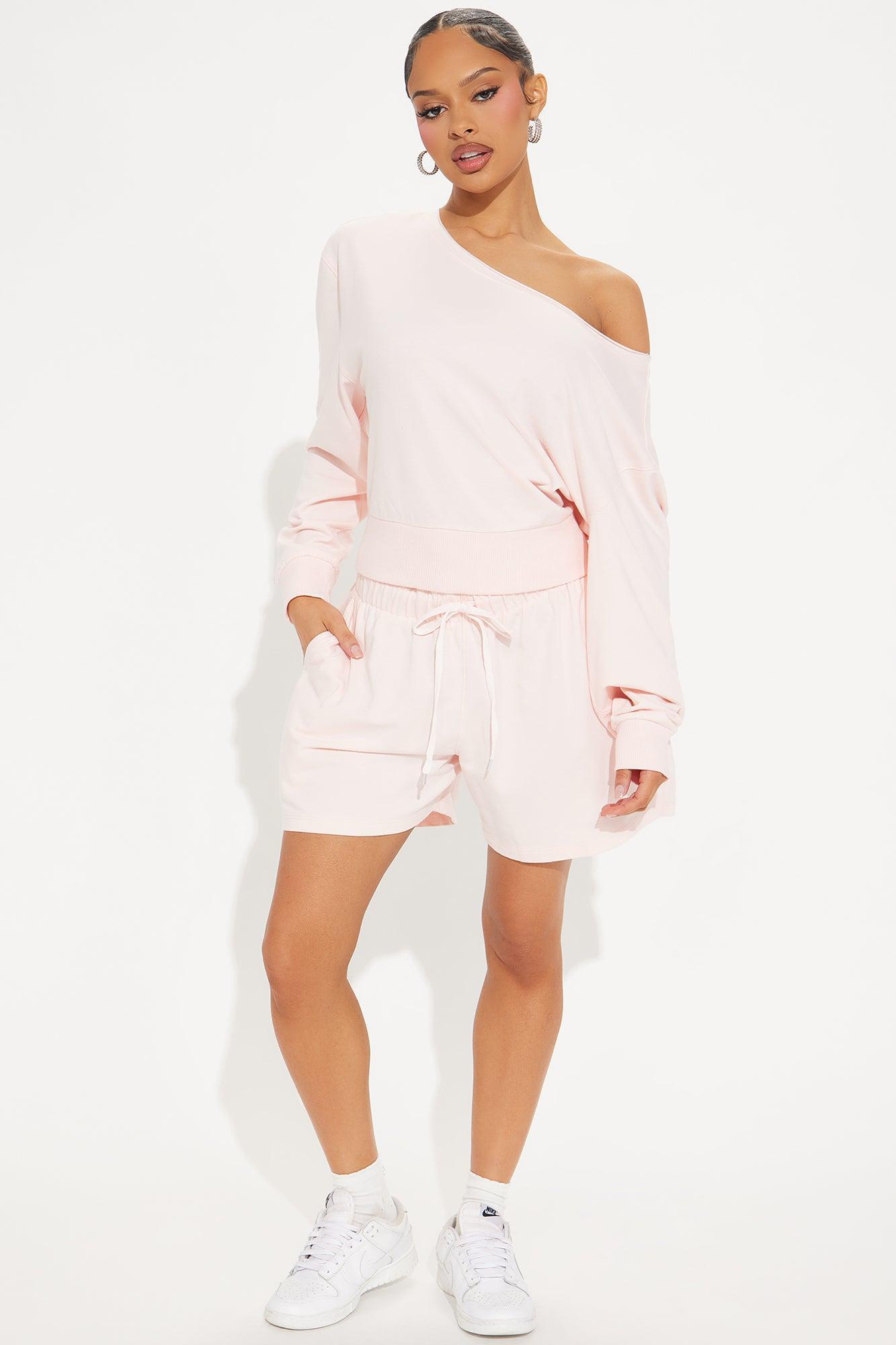 Unwind Washed Off Shoulder Short Set - Pink Product Image