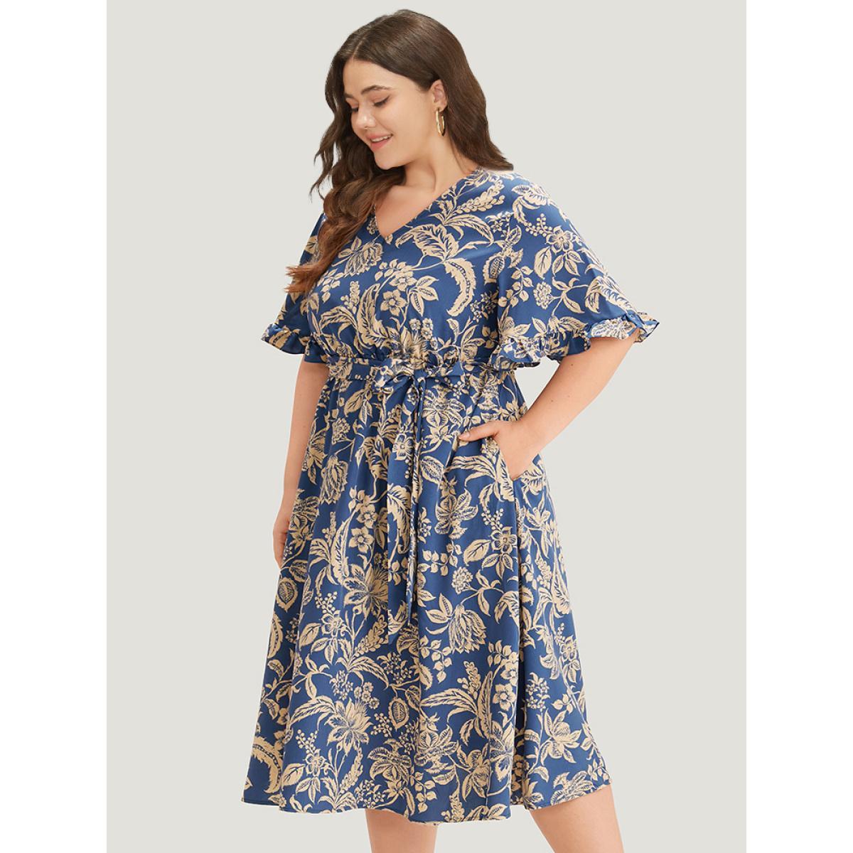 Plus Size Silhouette Floral Print Belted Flutter Trim Dress DarkBlue Women Vacation Gathered V-neck Short sleeve Curvy Midi Dress BloomChic 26/4X Product Image