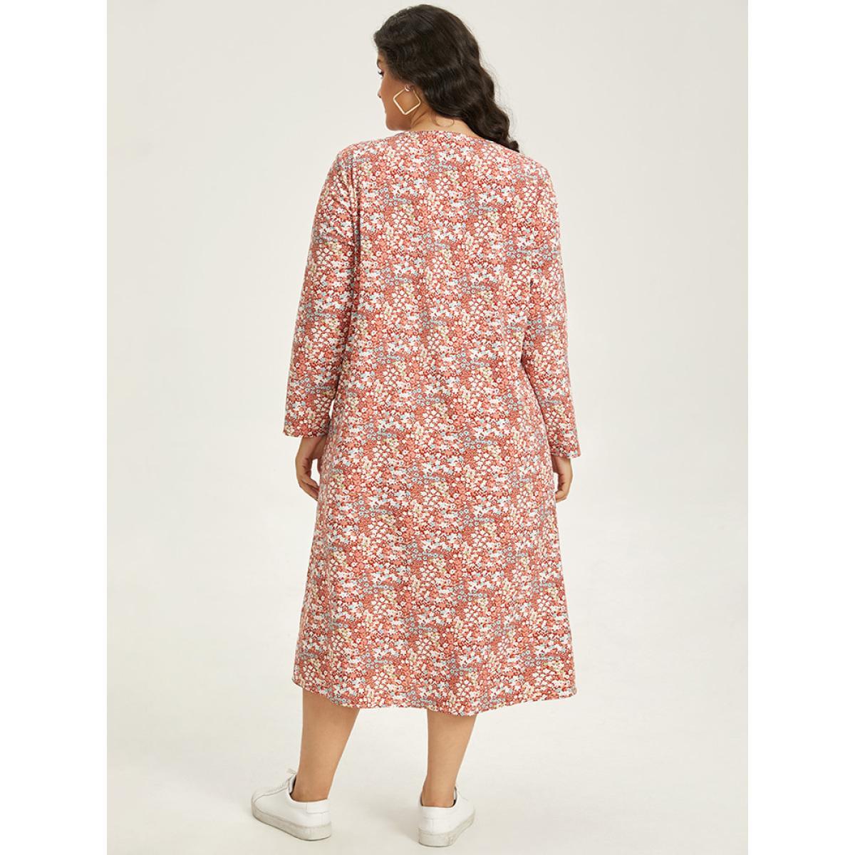 Plus Size Ditsy Floral Notched Pocket Button Detail Dress Russet Women Casual Printed Notched collar Long Sleeve Curvy Midi Dress BloomChic 12/L Product Image