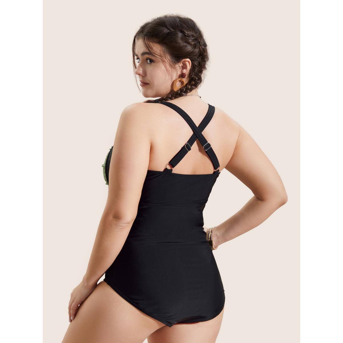 Plus Size Contrast Patchwork Twist Front One Piece Swimsuit Women's Swimwear ArmyGreen Beach Twist Curve Bathing Suits High stretch One Pieces BloomChic 12/L Product Image
