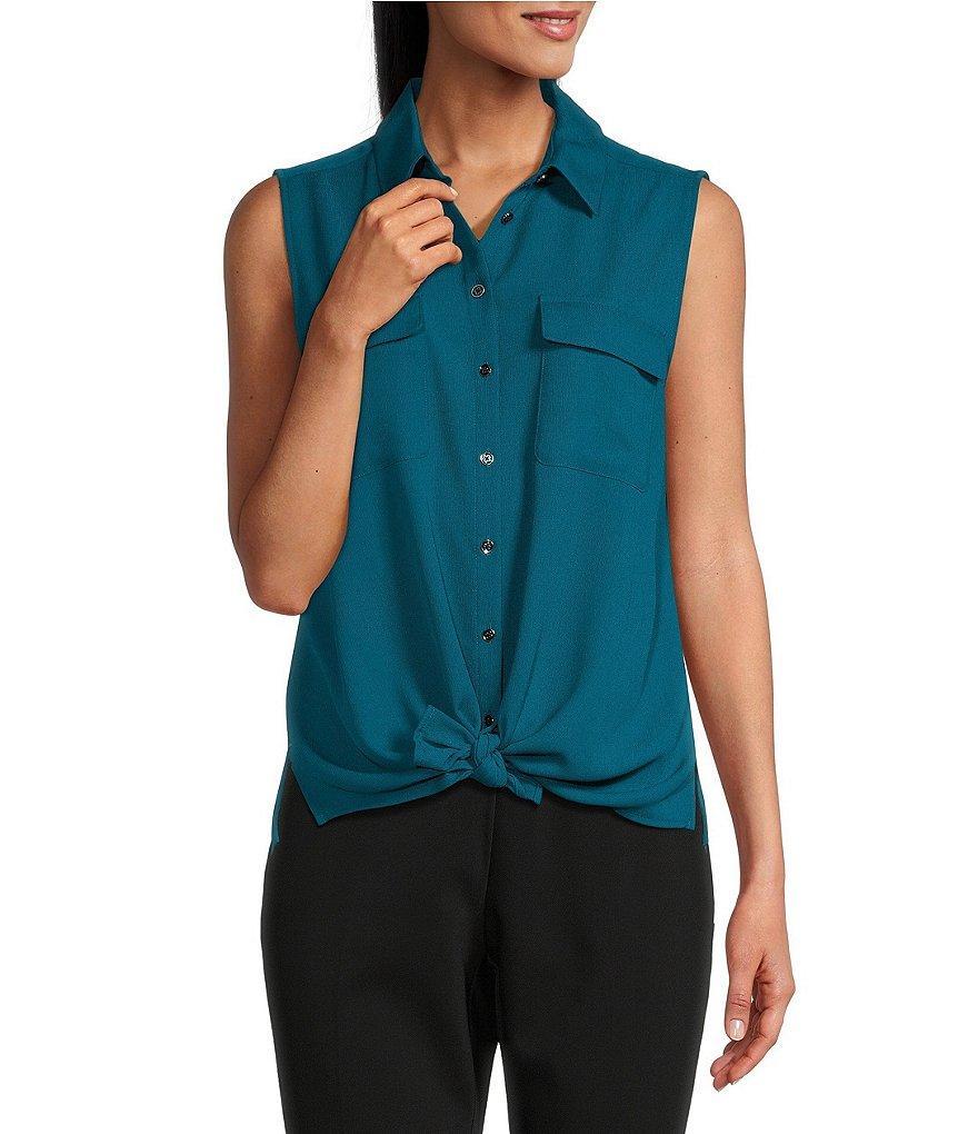 Investments Point Collar Sleeveless Button Tie Front Top Product Image