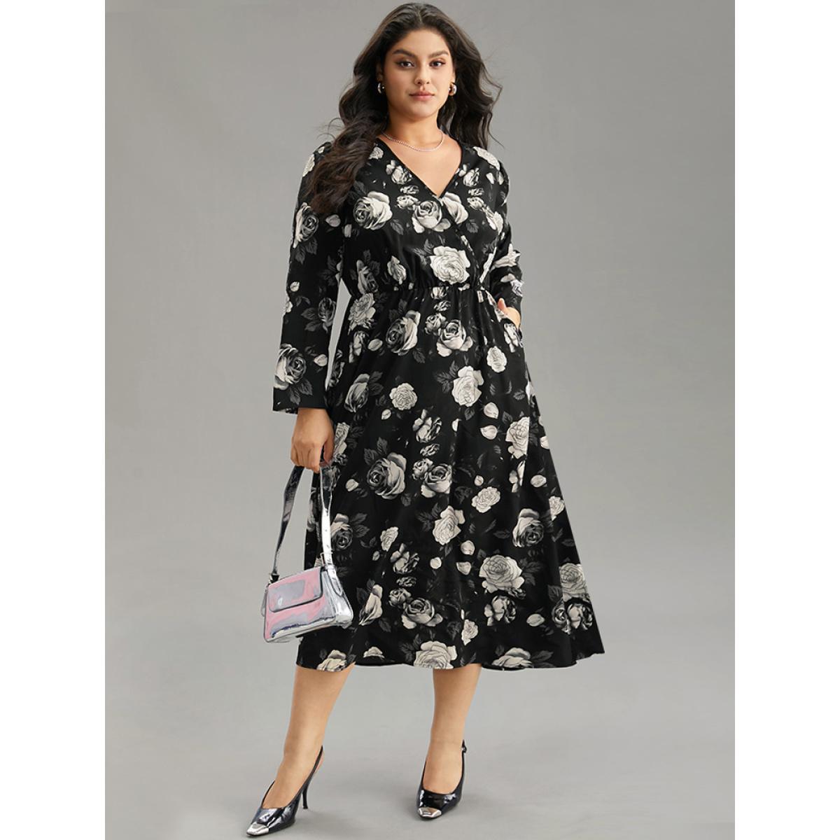 Plus Size Floral Print Pocket Elastic Waist Wrap Dress Black Women At the Office Wrap Overlap Collar Long Sleeve Curvy Midi Dress BloomChic 12/L Product Image