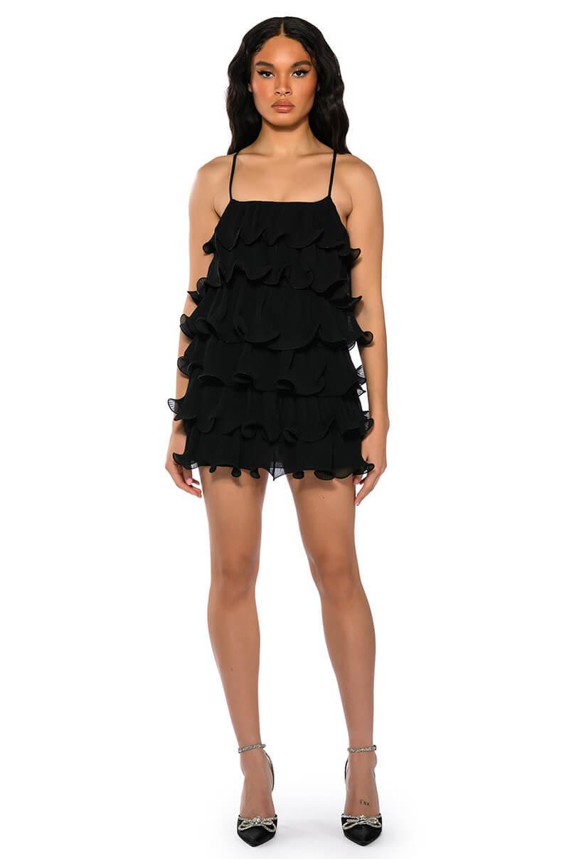 SWEETIE PLEATED RUFFLE SLEEVELESS MINI DRESS IN BLACK Product Image