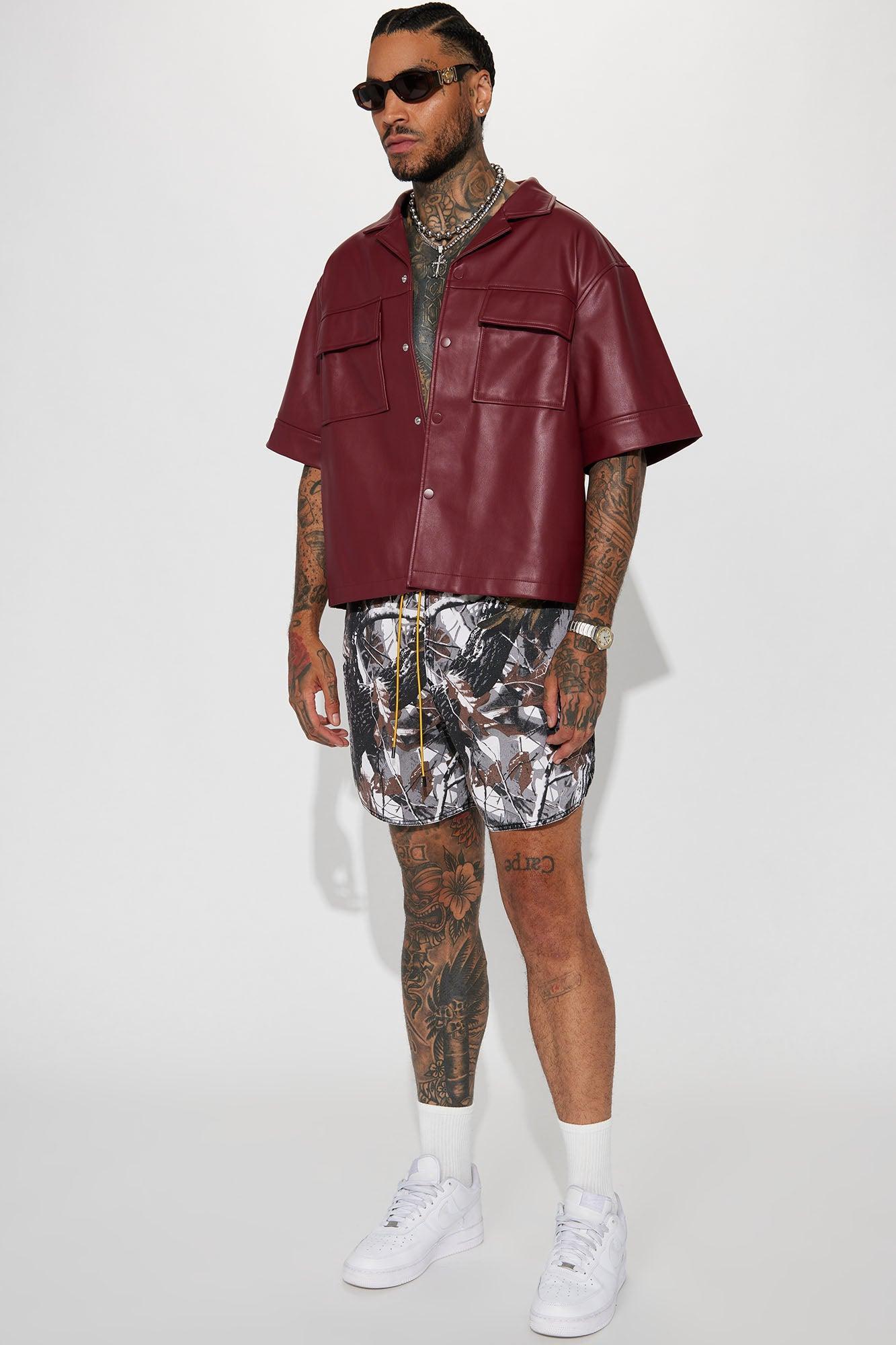 High Stepper Faux Leather Button Up Shirt - Burgundy Product Image