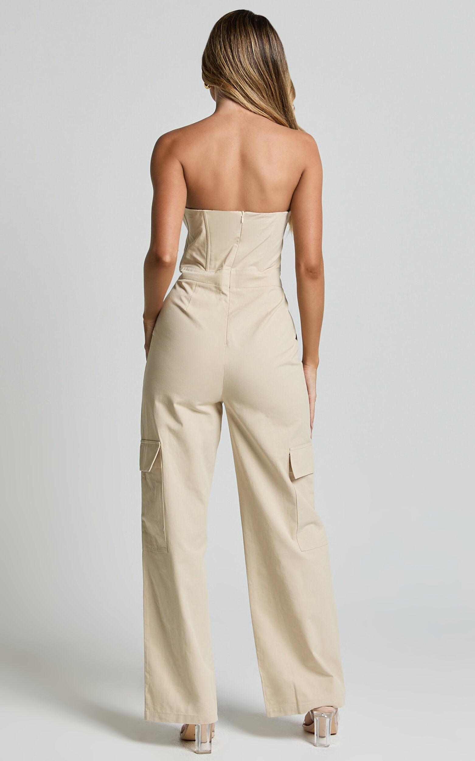 Nellia Jumpsuit - Strapless Straight Leg Cargo Jumpsuit in Stone Product Image