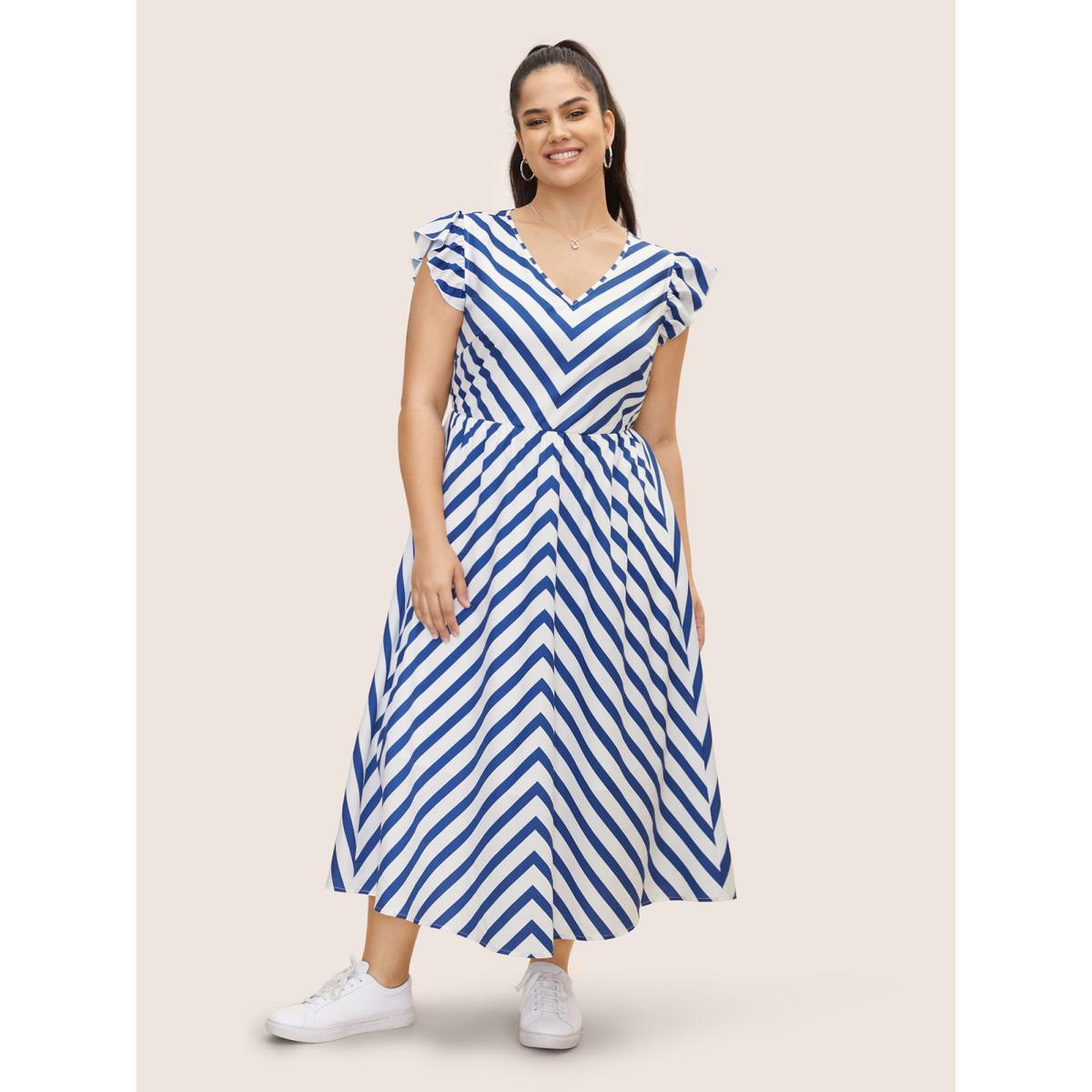 Plus Size Striped Elastic Waist Ruffle Cap Sleeve Dress DarkBlue Women Casual Ruffles V-neck Cap Sleeve Curvy BloomChic 14-16/1X Product Image