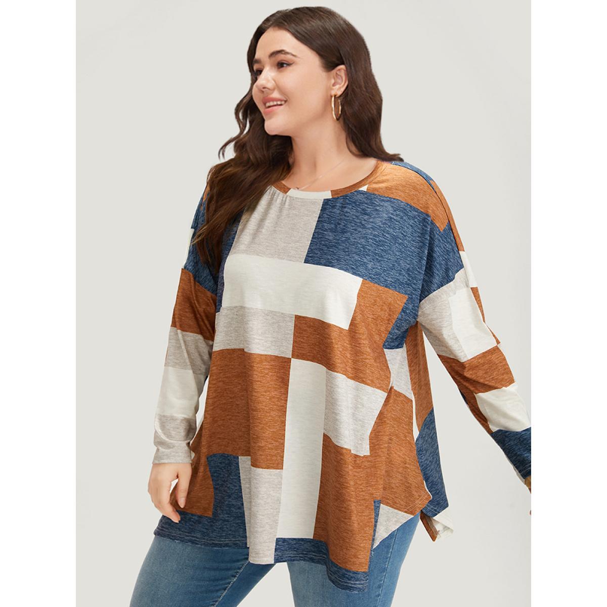 Plus Size Colorblock Contrast Round Neck Dolman Sleeve T-shirt Multicolor Women Casual Contrast Colorblock Round Neck Everyday T-shirts BloomChic 26/4X Product Image