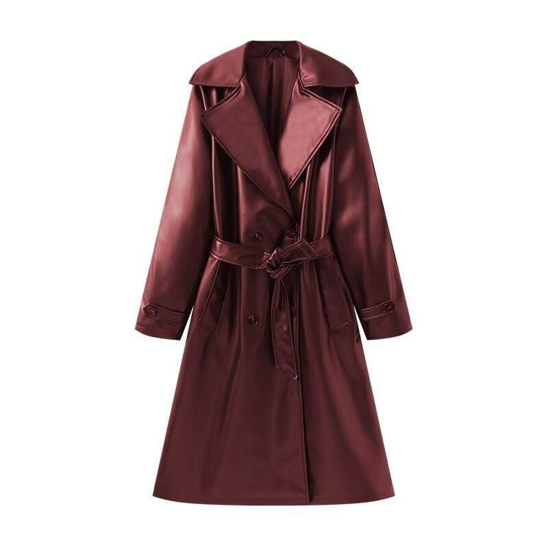 Long-Sleeve Faux Leather Lapel Collar Double Breasted Coat Dress Product Image