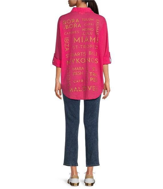 ELAN Placed Graphic Print Point Collar High-Low Hem Long Sleeve Button Front Shirt Product Image