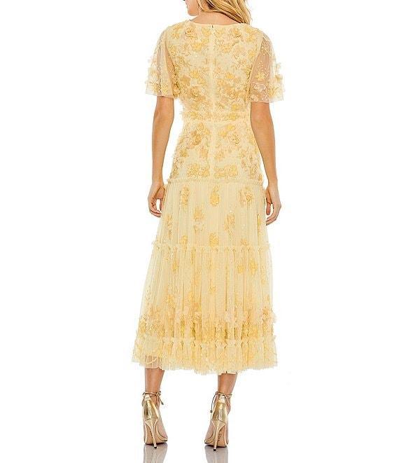 Mac Duggal 3D Floral Embellished Beaded Mesh V-Neck Flutter Sleeve A-Line Dress Product Image