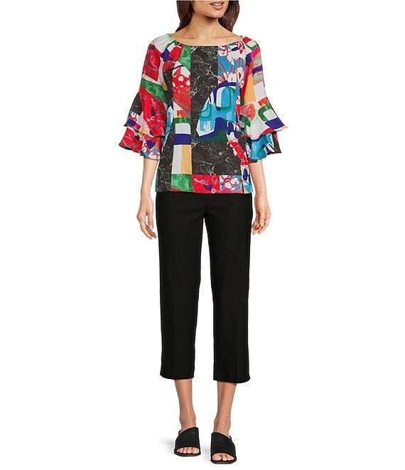 Ali Miles Abstract Round Neck Double Ruffle 3/4 Sleeve Tunic Product Image