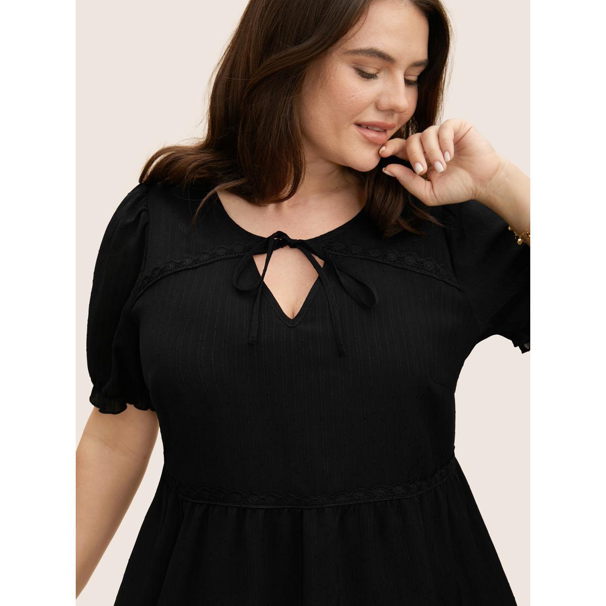 Plus Size Black Lace Panel Knot Neck Lantern Sleeve Blouse Women Elegant Short sleeve V-neck Everyday Blouses BloomChic 10/M Product Image