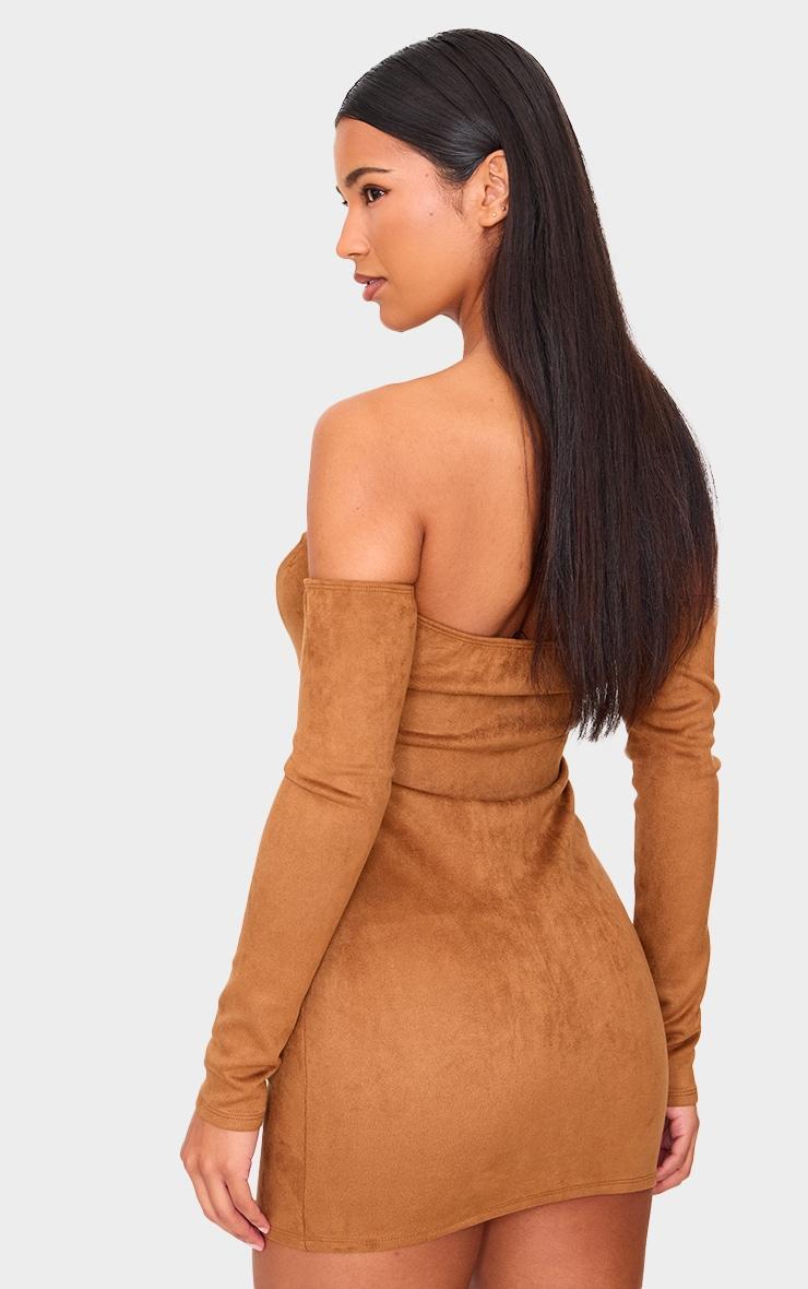 Tan Faux Suede Lace Up Detail Bardot Bodycon Dress Product Image