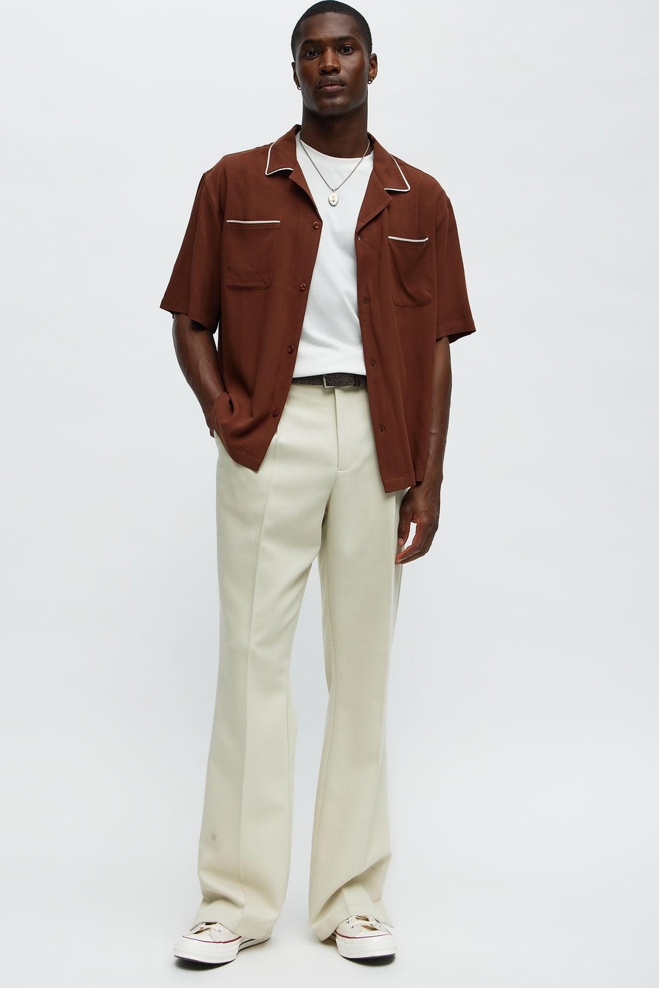 Casual Cropped PJ Style Button Up Shirt - Brown Product Image