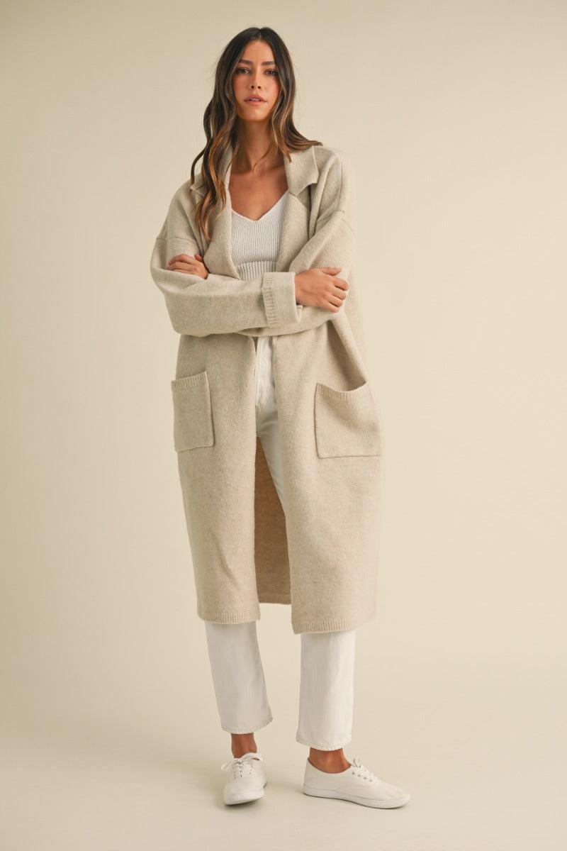 Collared Sweater Knit Long Jacket Product Image