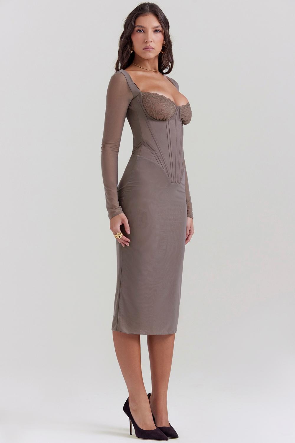 Safran Mocha Corset Midi Dress Product Image