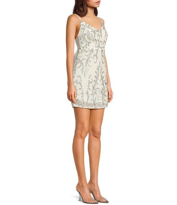 Jump Beaded Sequin Pattern V-Neck Spaghetti Strap Tulle Tie Back Dress Product Image