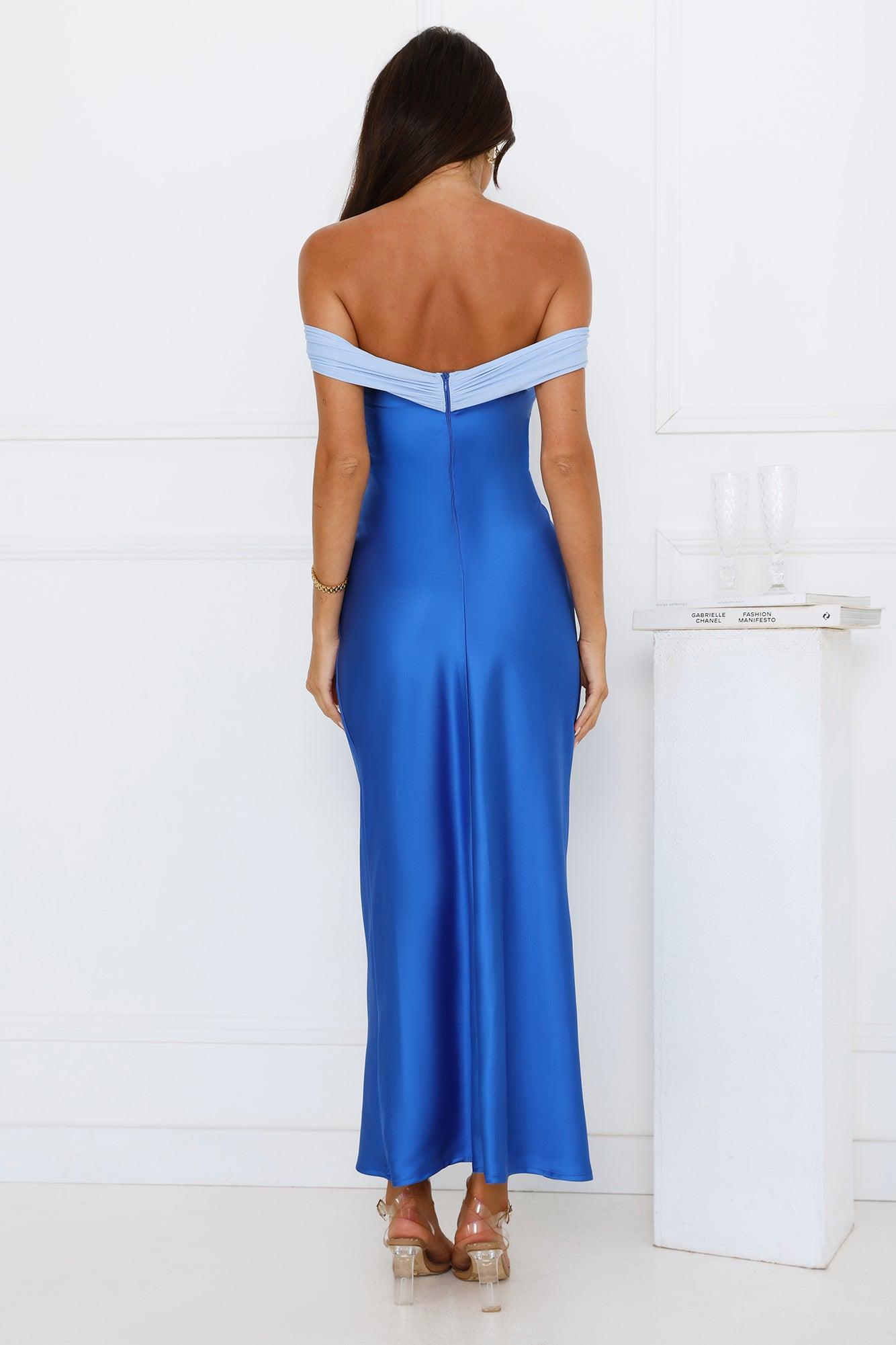Luxe And Likes Off Shoulder Satin Maxi Dress Blue Product Image