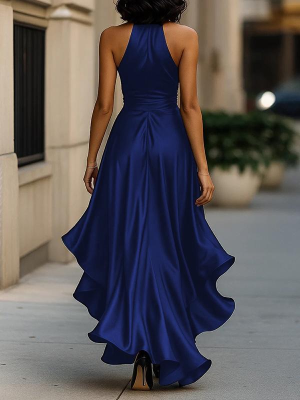 High-Low Loose Ruffle Trim Solid Color Tied Waist V-Neck Maxi Dresses Product Image