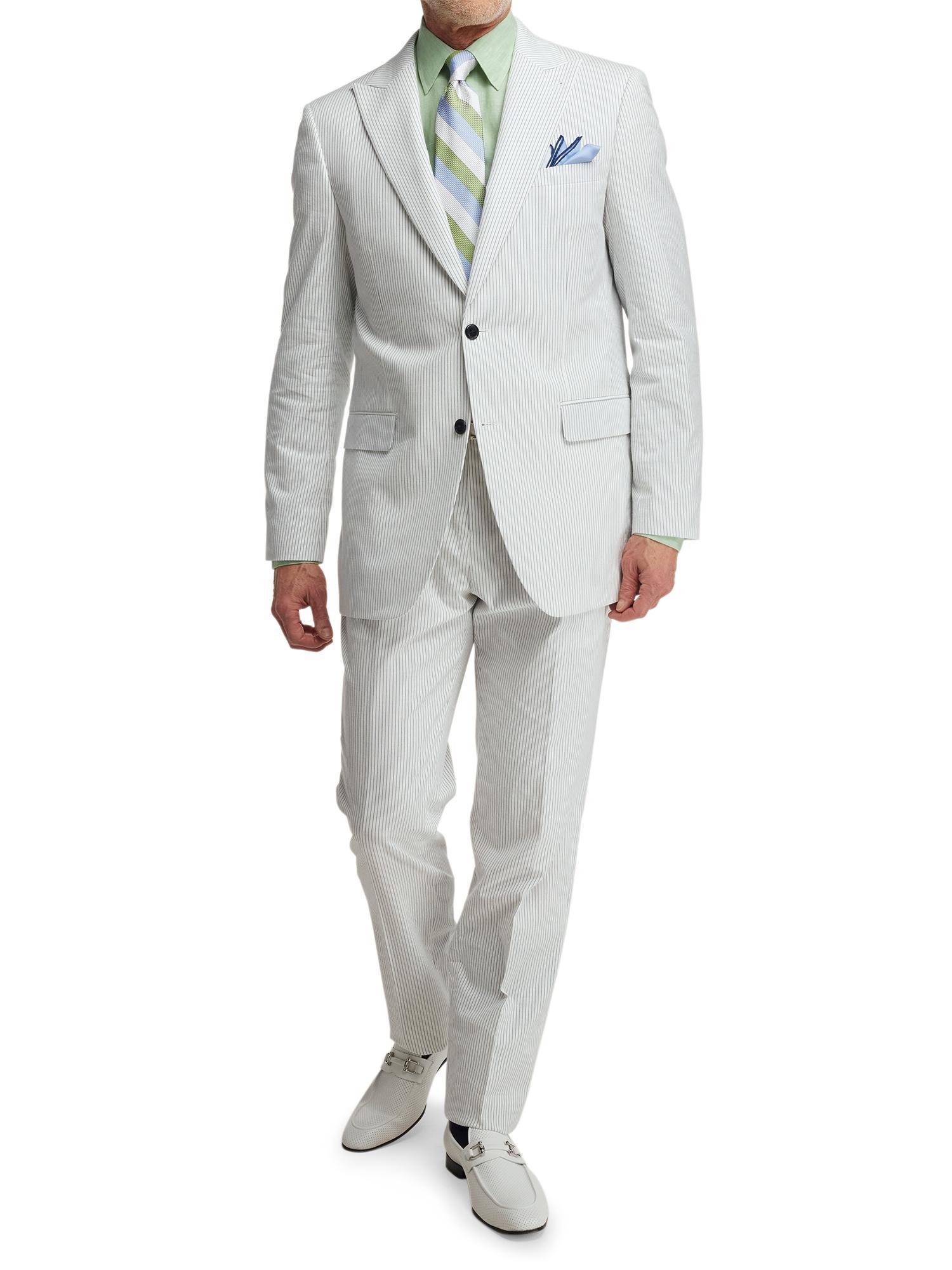 Cotton Stretch Stripe Seersucker Peak Lapel Suit - White/blue Product Image