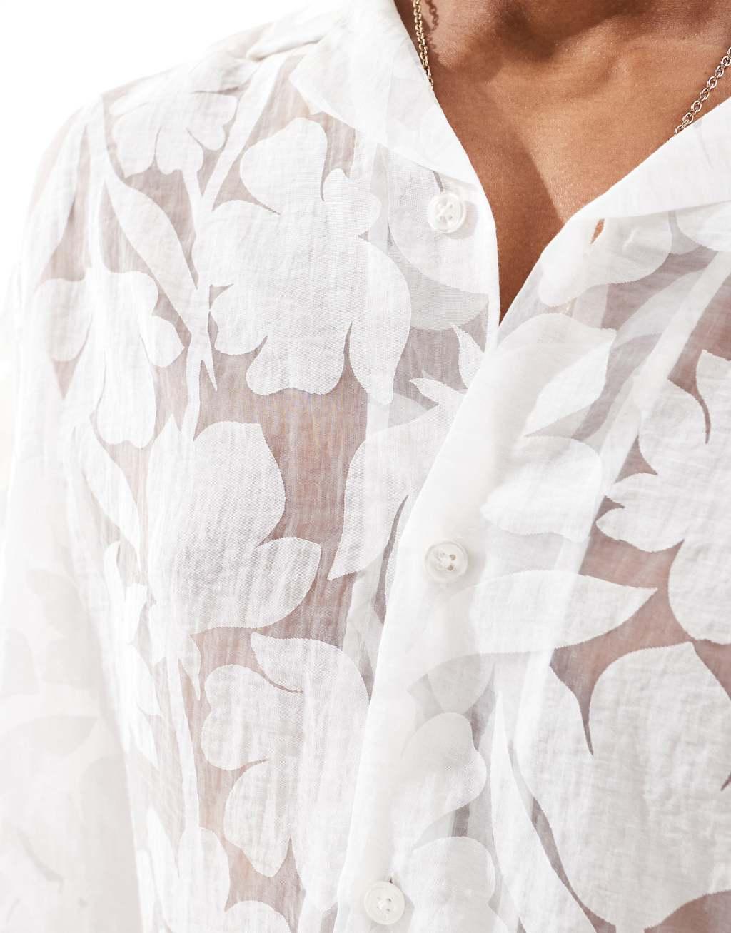 ASOS DESIGN oversized camp collar shirt in floral burn out in white Product Image