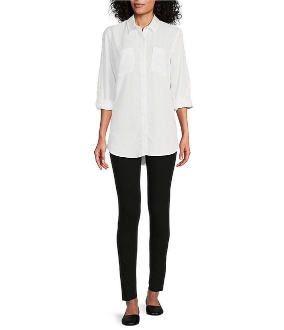 Intro Petite Size Roll-Tab Sleeve Button Front Slub Lyocell Shirt Product Image