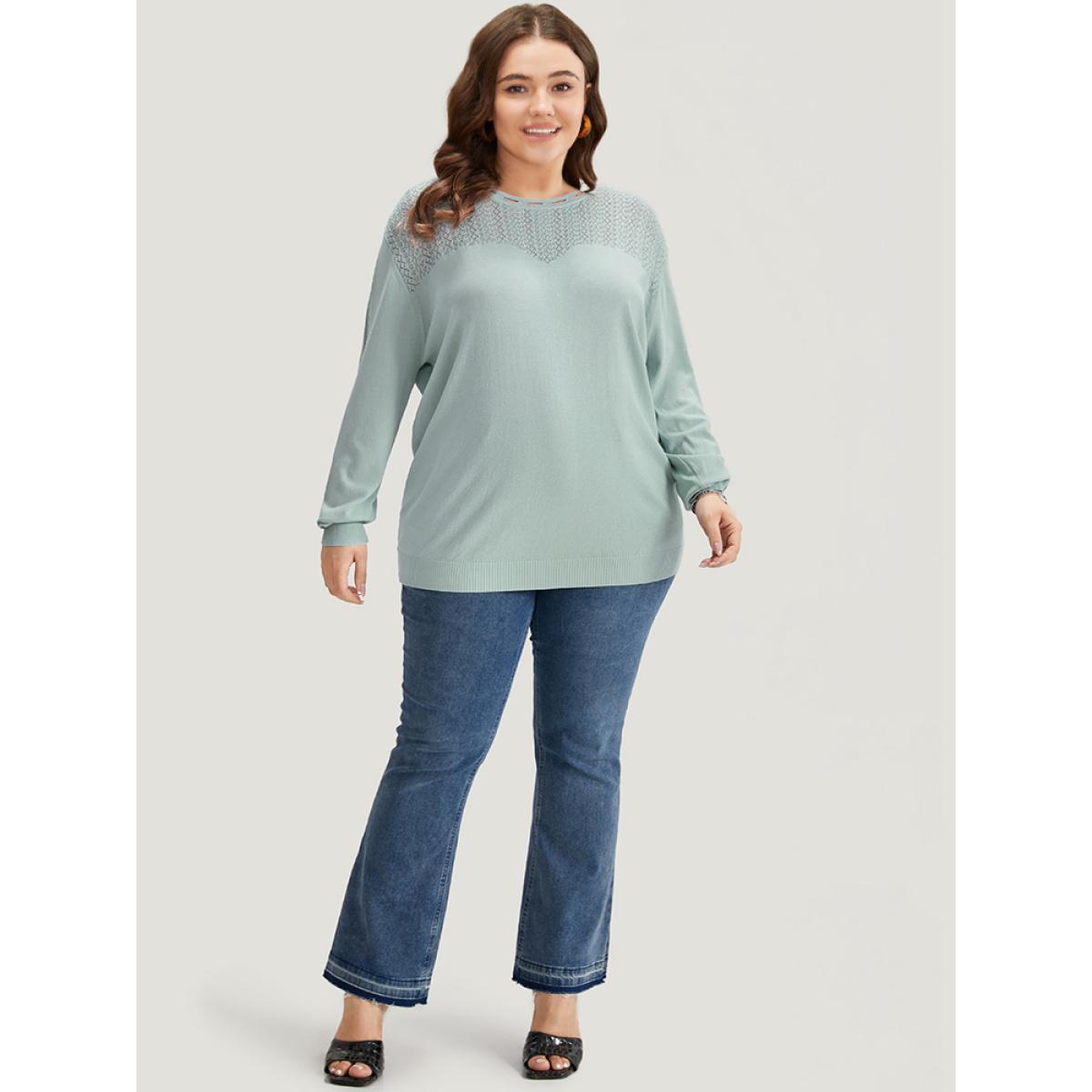 Plus Size Plain Eyelet Patchwork Drop Shoulder Pullover LightBlue Women Casual Loose Long Sleeve Round Neck Dailywear Pullovers BloomChic 26/4X Product Image