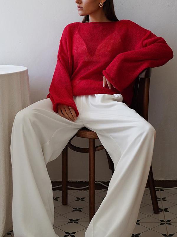 Long Sleeves Loose See-Through Solid Color Split-Joint Round-Neck Sweater Tops Product Image