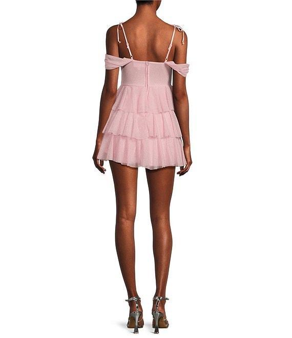 Honey and Rosie Sweetheart Off Shoulder Mesh Drape Ruffle Skirt Dress Product Image