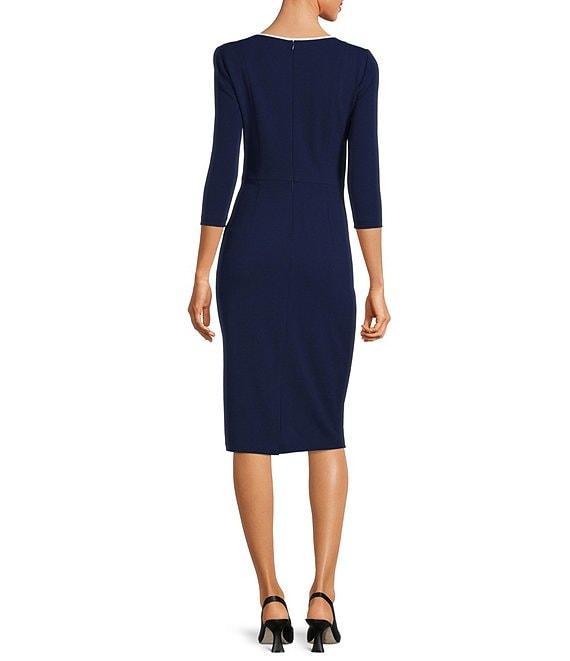 Adrianna Papell Petite Size Contrast Trim Boat Neck 3/4 Sleeve Tie Waist Crepe Dress Product Image