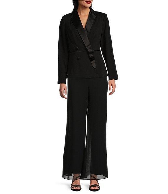 Alex Evenings Satin Collar V-Neck Long Sleeve Crepe Tuxedo Blouse Product Image