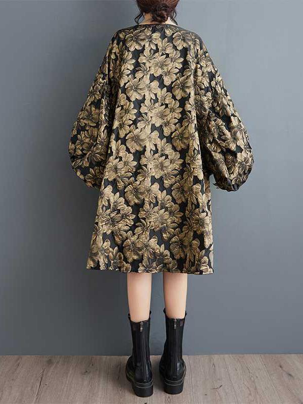 A-Line High-Low Elasticity Flower Print Jacquard Round-Neck Midi Dresses Product Image