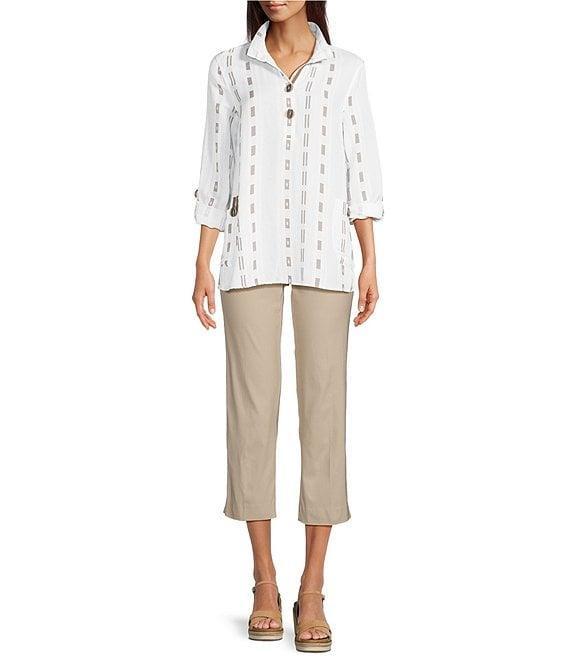 Ali Miles Stripe Dotted Geometric Linen Blend Wire Collar 3/4 Roll-Tab Sleeve Tunic Product Image