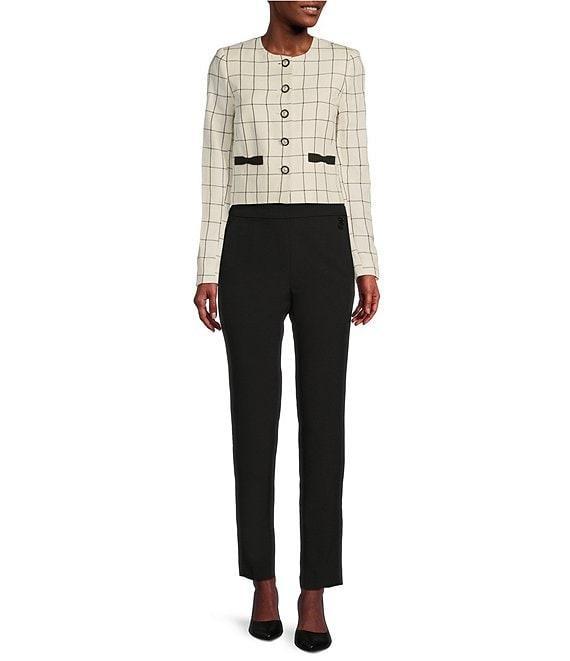 KARL LAGERFELD PARIS Woven Windowpane Collarless Long Sleeve Cropped Button Front Jacket Product Image
