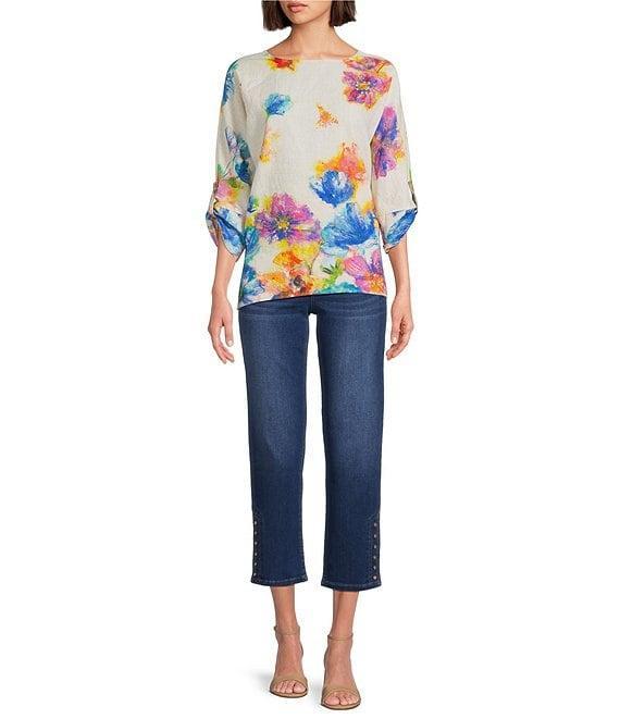 Ali Miles Linen Blend Multi Floral Round Neck High-Low Hem 3/4 Dolman Roll-Tab Sleeve Tunic Product Image