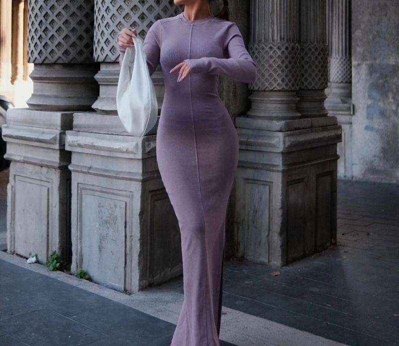 Long-Sleeve Round Neck Plain Maxi Sheath Dress Product Image