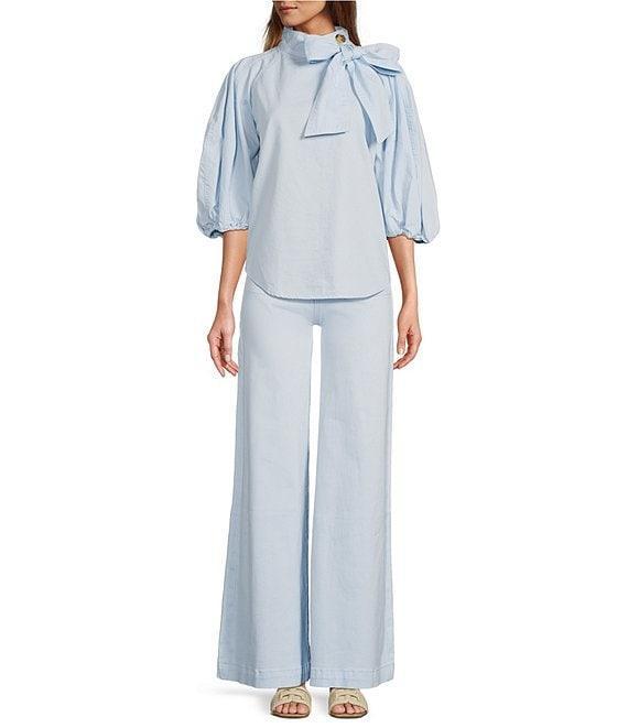 A Loves A Tinted Denim Mock Bow Tie Neck 3/4#double; Puffed Balloon Sleeve Pleated Button Shoulder Tulip Hem Top Product Image