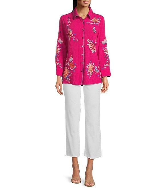 Calessa Floral Embroidered Point Collar Long Sleeve Button Front Tunic Product Image