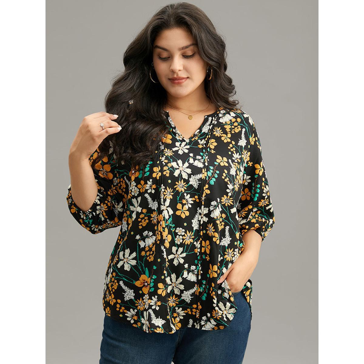 Plus Size Black Floral Print Pleated Notched Lantern Sleeve Blouse Women Elegant Elbow-length sleeve Notched collar Dailywear Blouses BloomChic 10/M Product Image