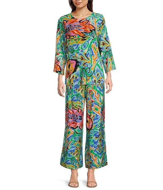 Calessa Petite Size Coordinating Knit Abstract Mosaic Print Crew Neck 3/4 Sleeve Tunic Product Image