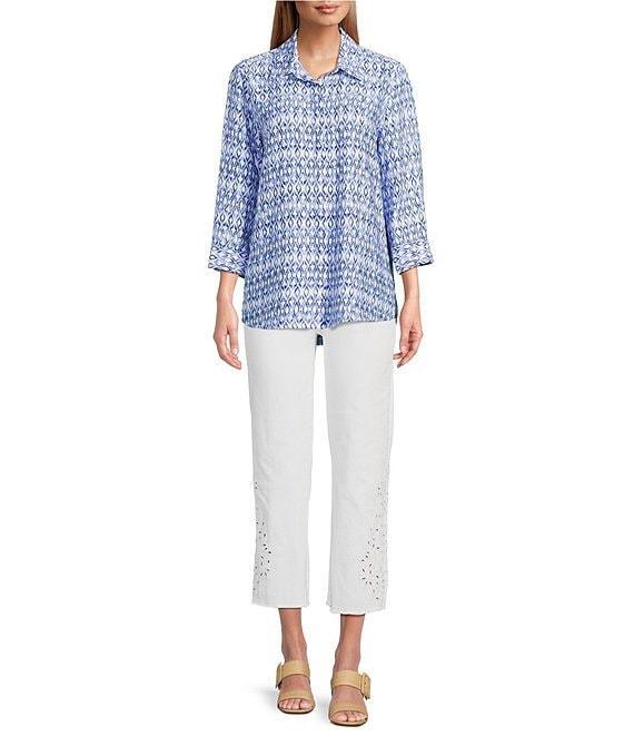 John Mark Allover Ikat Print Point Collar 3/4 Sleeve Hi-Low Hem Button Front Shirt Product Image