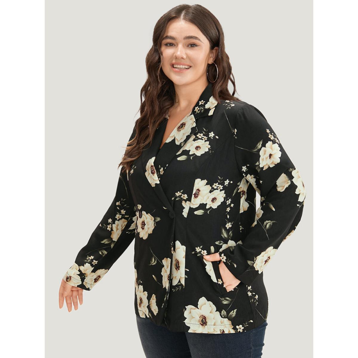 Plus Size Floral Print Suit Collar Pocket Blazer Black Women Work Floral Printed Sleeve Long Sleeve Lapel Collar 28/5X Pocket Office Blazers BloomChic Product Image