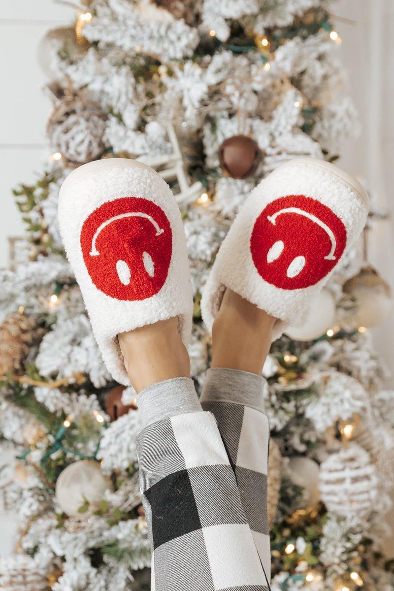 Red Smiley Face Faux Plush Slippers - FINAL SALE Product Image