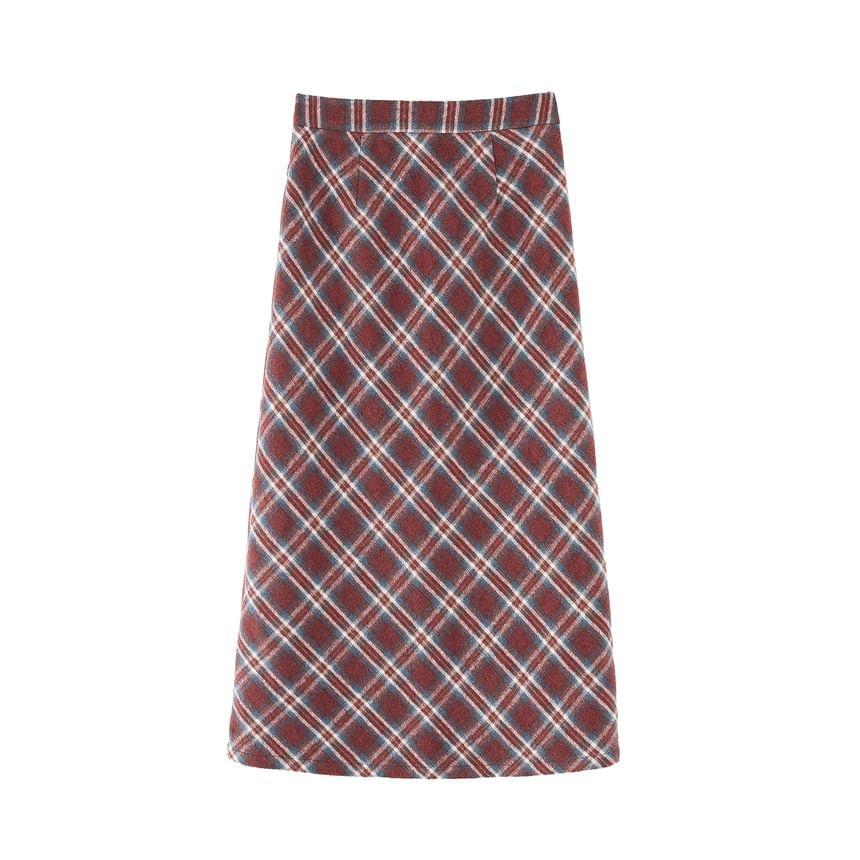 High Waist Plaid A-Line Midi Skirt Product Image