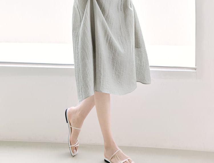 Short-Sleeve Notch Neck Plain Midi A-Line Dress Product Image