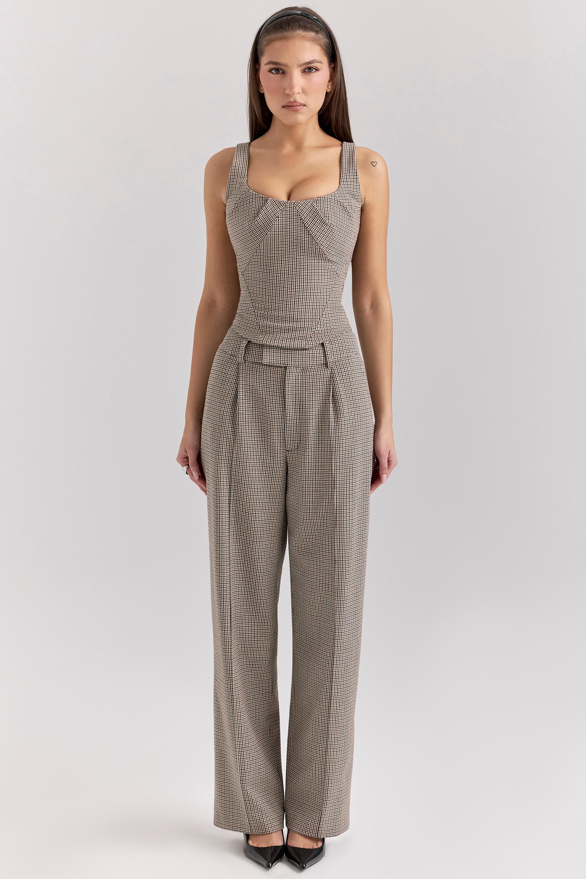 Hayden Brown Puppytooth Wide Leg High Waist Tailored Trousers Product Image