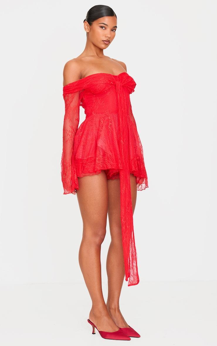 Red Lace Bardot Tie Front Romper Product Image