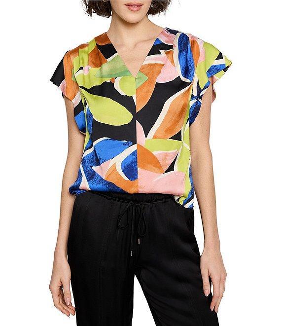 NIC + ZOE Mega Blooms Print V-Neck Flutter Sleeve Top Product Image