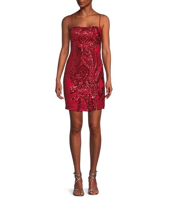Midnight Doll Spaghetti Strap Placement Sequin Strappy Back Bodycon Mini Dress Product Image
